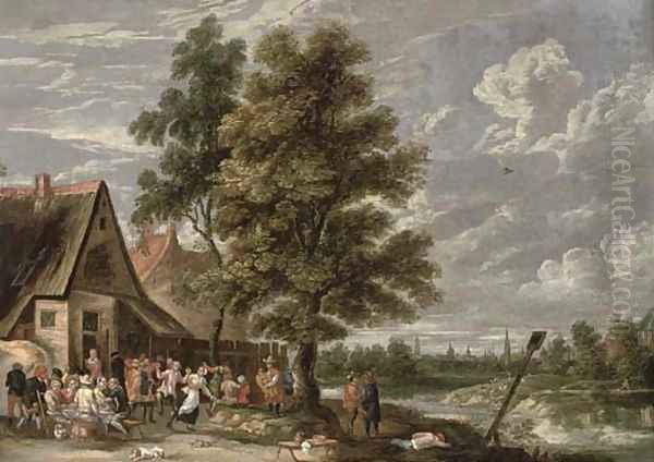 A village with peasants dancing and drinking by an inn Oil Painting by German School