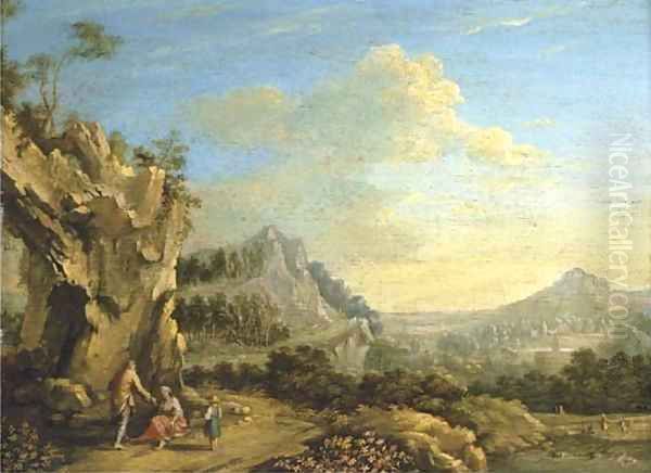 An extensive mountain landscape with travellers resting on a path Oil Painting by German School