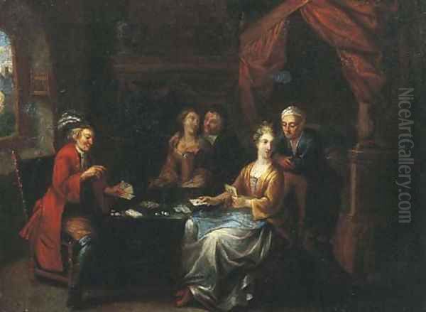 Elegant company playing at cards in an interior Oil Painting by German School