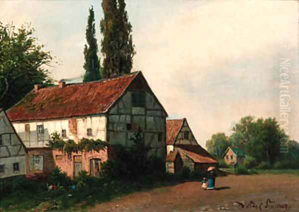 Figures before a village Oil Painting by German School