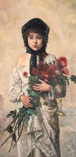 Portrait of a young Girl holding red Chrysanthemums Oil Painting by German School