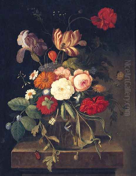 Summer Flowers In A Vase On A Ledge Oil Painting by German School