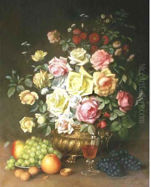 Yellow and pink roses Oil Painting by German School