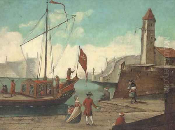 A Mediterranean harbour with elegant figures and a cleric on a quay shipping beyond Oil Painting by German School