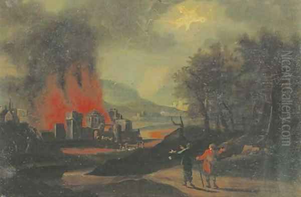 A nocturnal landscape with travellers approaching a burning fortified city Oil Painting by German School