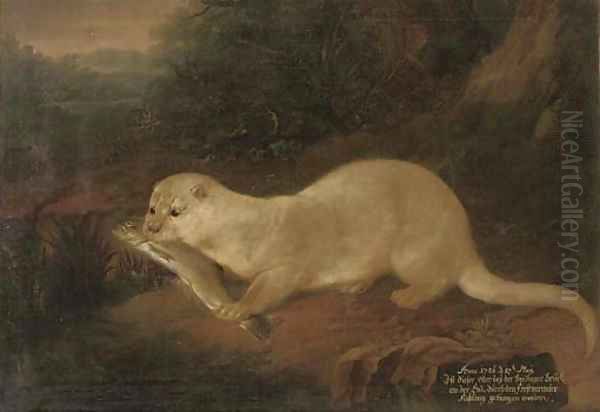 A river landscape with an otter holding a fish Oil Painting by German School