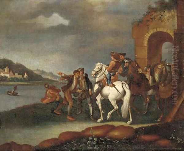 A river landscape with horsemen and other travellers by an arch Oil Painting by German School