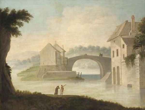 A river landscape with travellers near a bridge Oil Painting by German School