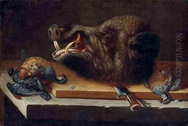 A still life with the head of a wild boar and three partridges, on a table Oil Painting by German School