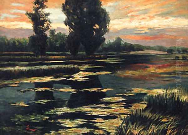 A Sunlit River Landscape Oil Painting by German School