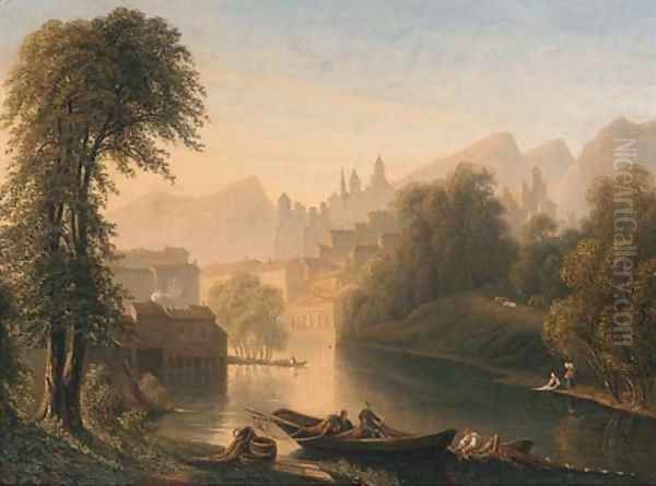 An Italianate river landscape with fishermen with their catch, a town beyond Oil Painting by German School