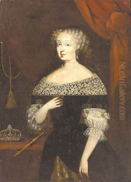 Portrait of a lady, half-length, standing in an interior, wearing a black dress with lace trim Oil Painting by German School