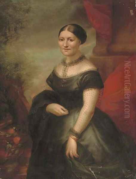 Portrait of a lady, three-quarter-length, in a black dress with lace trim, a red curtain and landscape beyond Oil Painting by German School