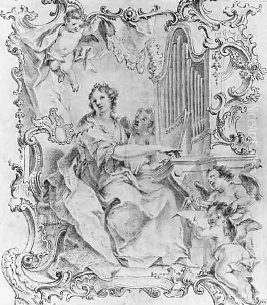 Saint Cecilia playing the Organ, surrounded by ornamental framework and cherubs Oil Painting by German School