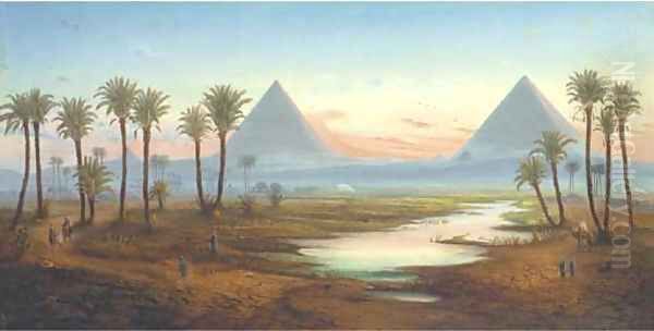 The pyramids at Giza, Egypt Oil Painting by German School