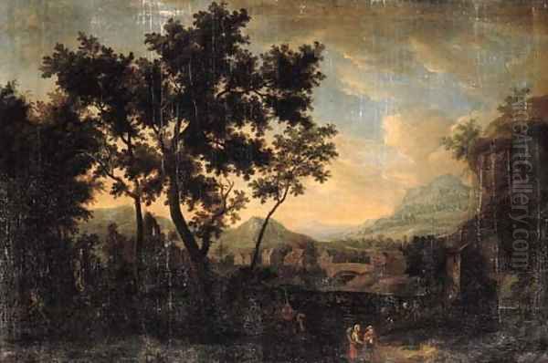 Travellers and peasants on a track by the edge of a wood in a landscape Oil Painting by German School