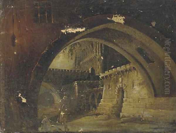 A castle courtyard with soldiers conversing Oil Painting by German School