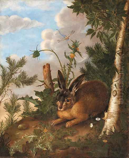 A hare and a dragonfly in a landscape Oil Painting by German School