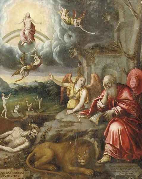 A Landscape With Saint Jerome And The Lion, The Arch Angel Michael And The Last Judgement In The Background Oil Painting by German School