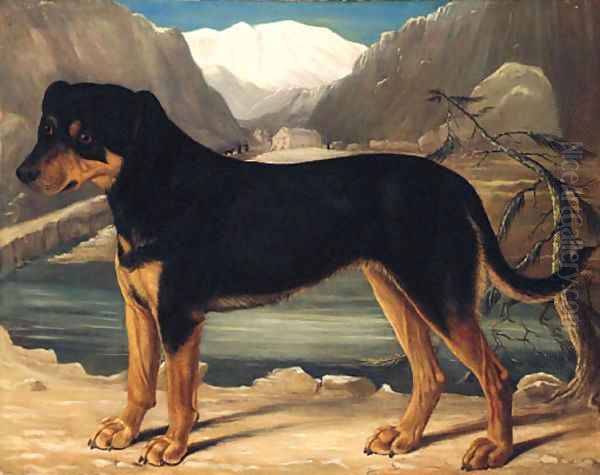 A Mountain Dog in an Alpine Landscape Oil Painting by German School