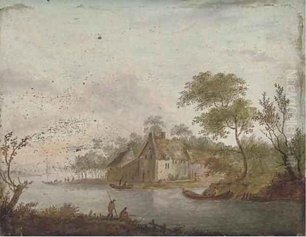 A wooded river landscape with an angler on the river bank, a town beyond Oil Painting by German School