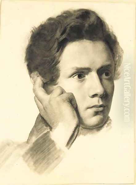 A young man leaning his hand on his forehead Oil Painting by German School