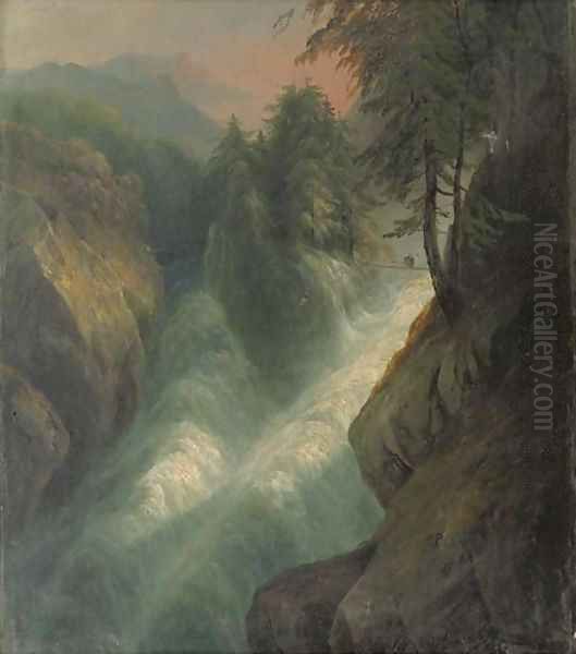 An adventurous crossing a couple on an Alpine bridge Oil Painting by German School