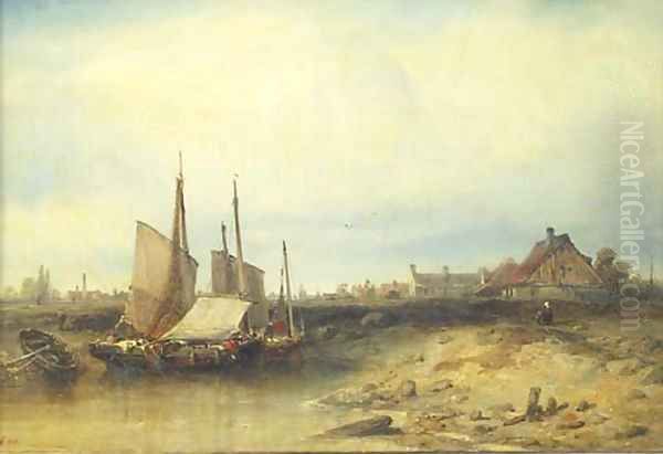 Fishing vessels by a village in a river landscape Oil Painting by German School