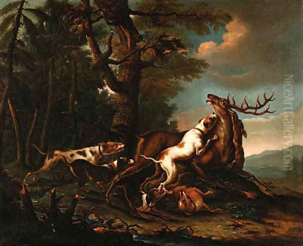 Hounds bringing down a Stag at the edge of a Forest Oil Painting by German School