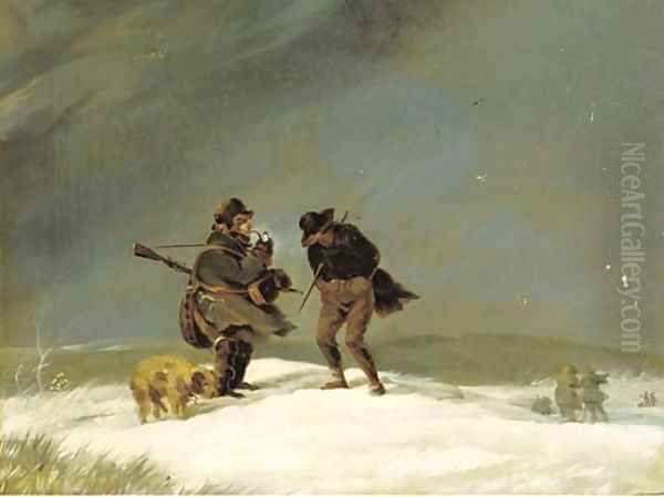 Outpost of a shooting party a sportsman, his dog and a beater in the snow Oil Painting by German School