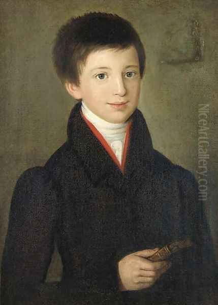 Portrait of a young man, half-length, in a dark coat holding a book Oil Painting by German School