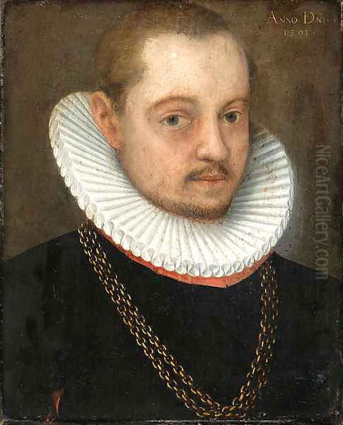 Portraits of a Gentleman small bust length, in black dress with white ruffs and gold chains Oil Painting by German School