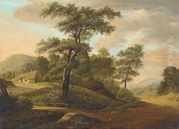 An extensive wooded river landscape with a town beyond Oil Painting by German School