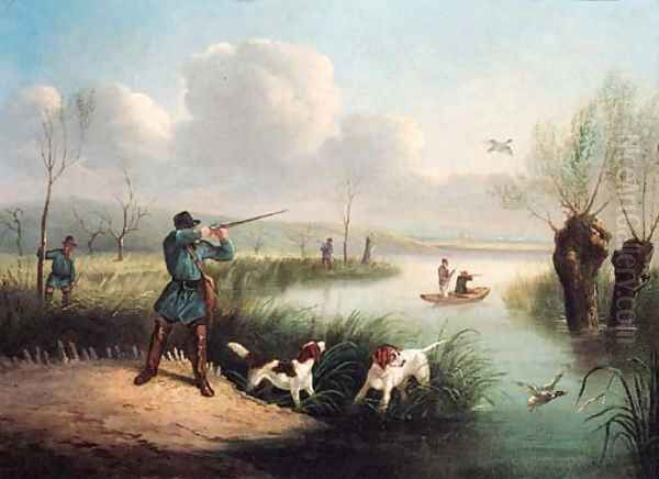 Figures Duck shooting in a River Landscape Oil Painting by German School