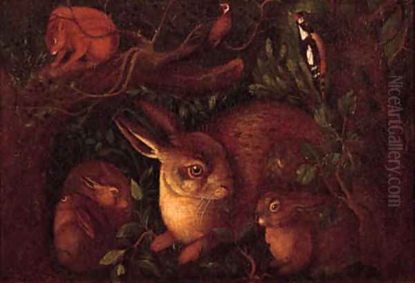 Hares in a forest with a squirrel Oil Painting by German School