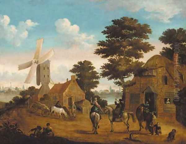 Falconers at an inn, a windmill by a river beyond Oil Painting by Johann Georg Stuhr