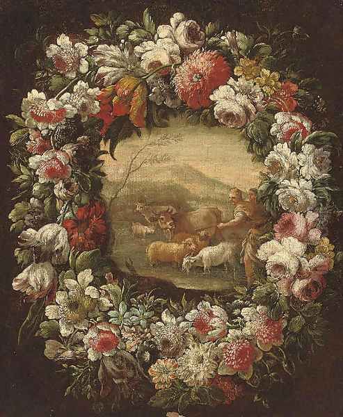 A shepherd and shepherdess with their flock, in a floral cartouche Oil Painting by Neapolitan School