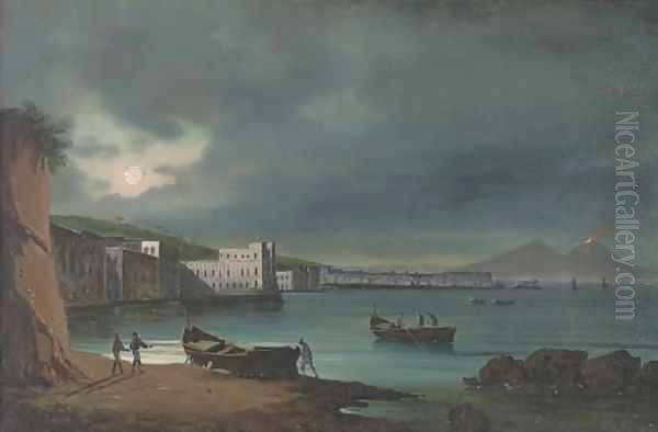 Fishermen at the Bay of Naples by night, Vesuvius beyond Oil Painting by Neapolitan School