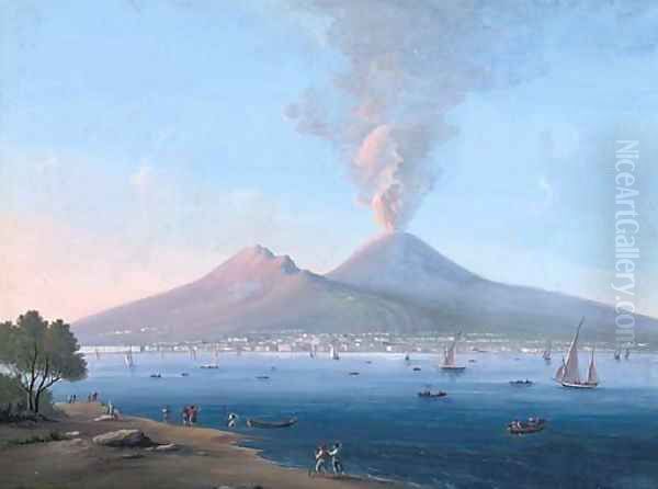 Figures on the Neapolitan coast before an active Vesuvius (illustrated) Oil Painting by Neapolitan School