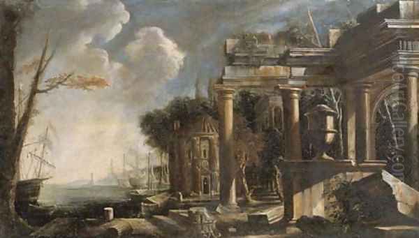 A Mediterranean harbor with a capriccio of classical ruins Oil Painting by Neapolitan School