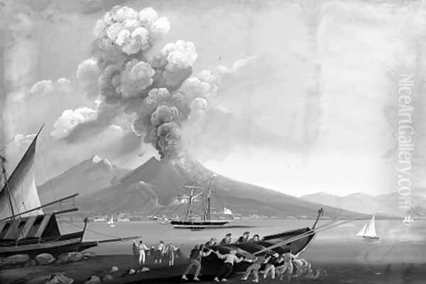 A view of the eruption of Mount Vesuvius in 1834 with fisherman launching a skiff Oil Painting by Neapolitan School