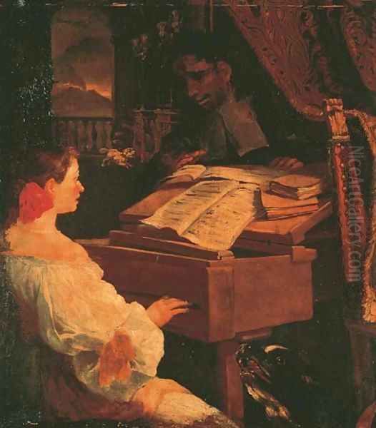 An elegant lady playing the harpsichord, with a view of Mount Vesuvius beyond Oil Painting by Neapolitan School