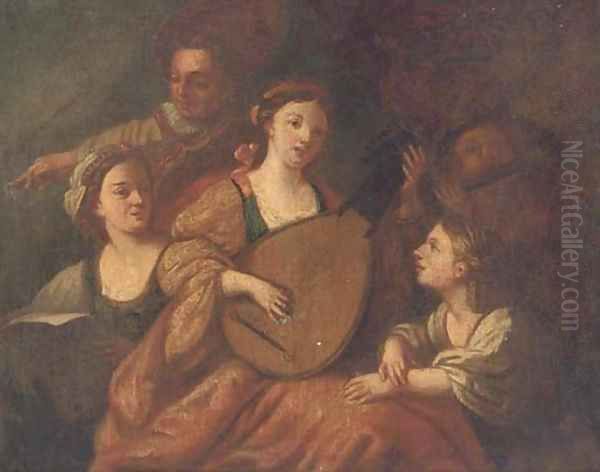 Elegant company playing music Oil Painting by Neapolitan School