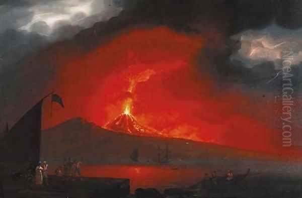 Figures on the Neapolitan coast with Vesuvius erupting beyond 2 Oil Painting by Neapolitan School