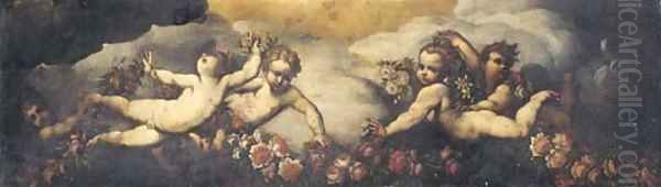 Putti playing with garlands of flowers Oil Painting by Neapolitan School