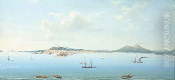 Shipping in the Bay of Naples, with Vesuvius erupting beyond Oil Painting by Neapolitan School