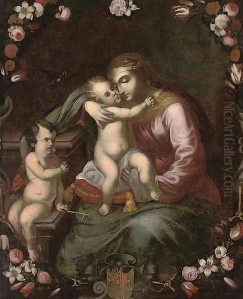 The Madonna and Child with the Infant Saint John the Baptist surrounded by a floral cartouche Oil Painting by Neapolitan School