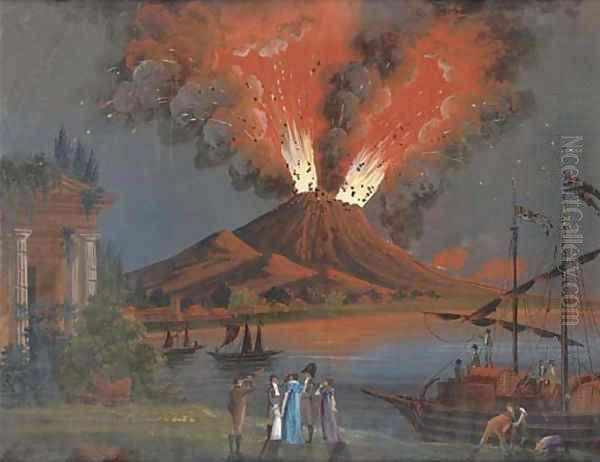 Travellers on the Grand Tour observing the eruption of Vesuvius Oil Painting by Neapolitan School