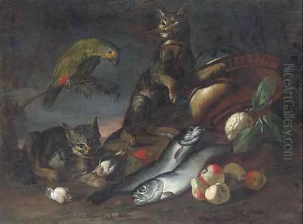 A parrot, two cats, dead fish, pears, an artichoke, a cauliflower Oil Painting by Neapolitan School