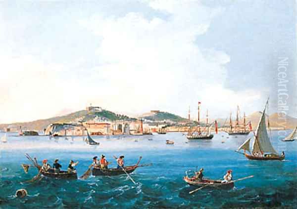 A view of Naples from the Sea looking towards the Castel dell'Ovo Oil Painting by Neapolitan School